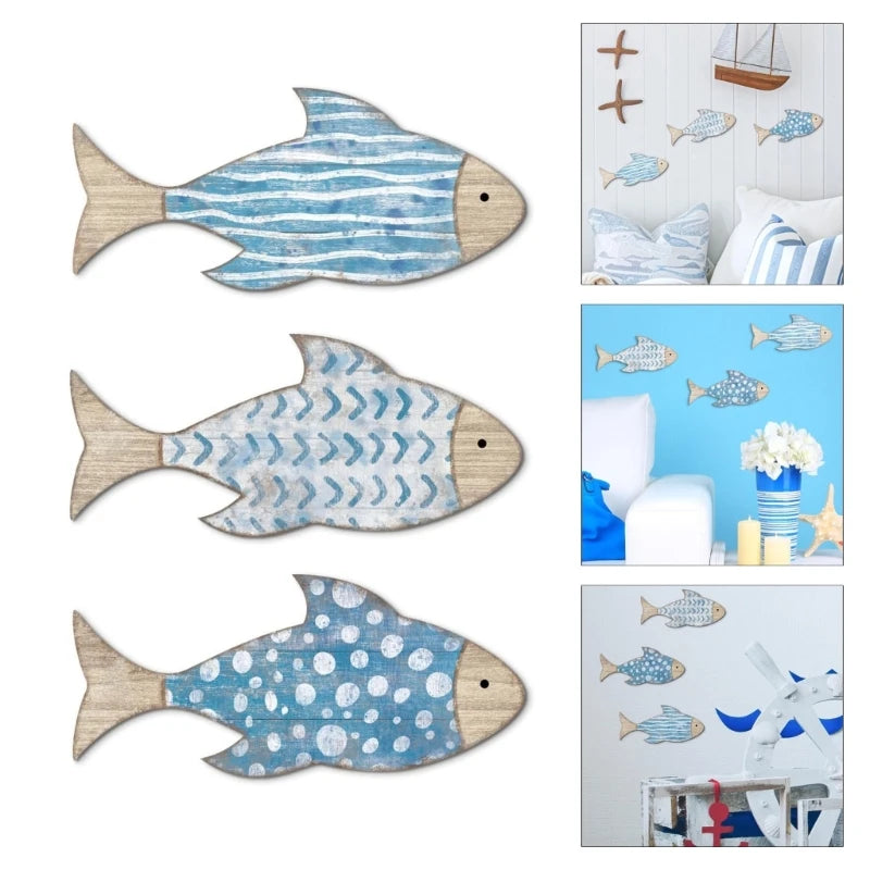 Coastal Wooden Fish Wall Decors Set of 3 For Coastal Interior Hanging Ornaments