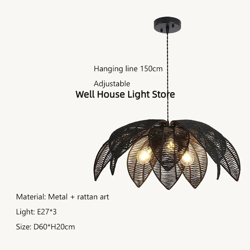 Bohemia Linen Pendant Light Retro Rattan Chandelier for Bedroom Living Dining Room Restaurant Rattan Hand-woven Pendant Lamp