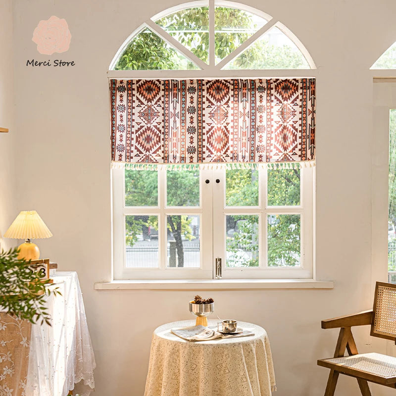 Boho Kitchen Curtain Bohemian Cafe Geometric Striped Small Window Drape Light Filtering Farmhouse Country Rustic for Bathroom RV