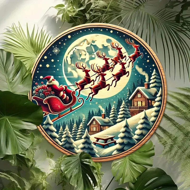 Farmhouse wooden Christmas signs, decorative murals, Santa Claus and carriages, and hanging signs in farmhouse style