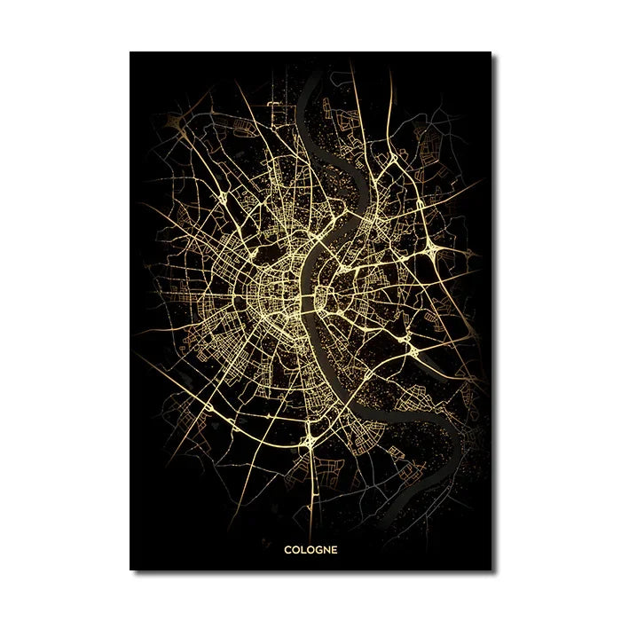 Classic Abstract Wall Art – Black and Gold World City Map HD Canvas Print Poster for Home, Living Room, and Bedroom Decor