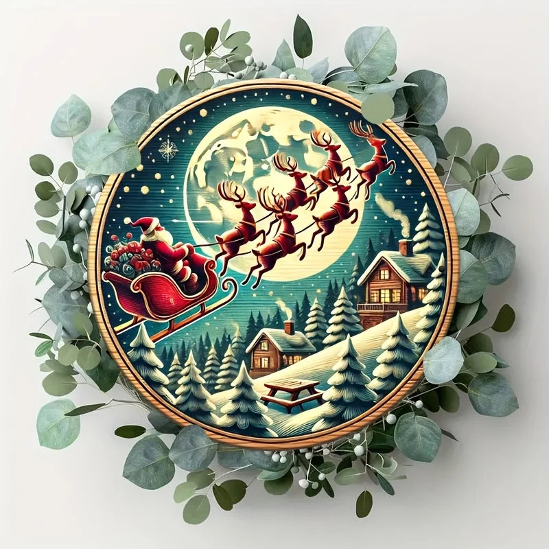 Farmhouse wooden Christmas signs, decorative murals, Santa Claus and carriages, and hanging signs in farmhouse style