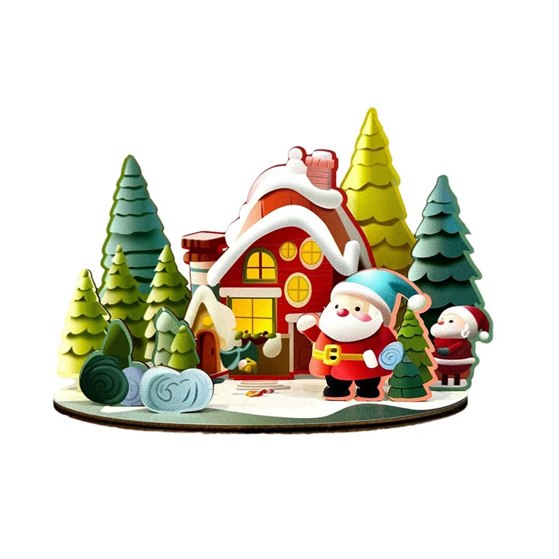 Decorative Christmas Cartoon House, Wooden DIY Assembly; Child's Painted Ornament, New Year Gift