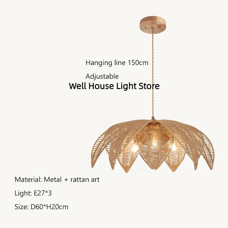 Bohemia Linen Pendant Light Retro Rattan Chandelier for Bedroom Living Dining Room Restaurant Rattan Hand-woven Pendant Lamp