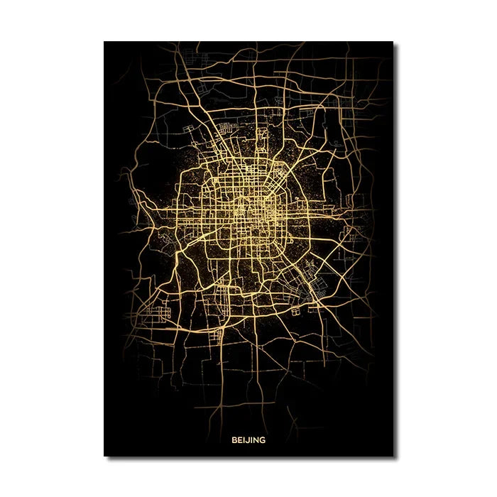 Classic Abstract Wall Art – Black and Gold World City Map HD Canvas Print Poster for Home, Living Room, and Bedroom Decor