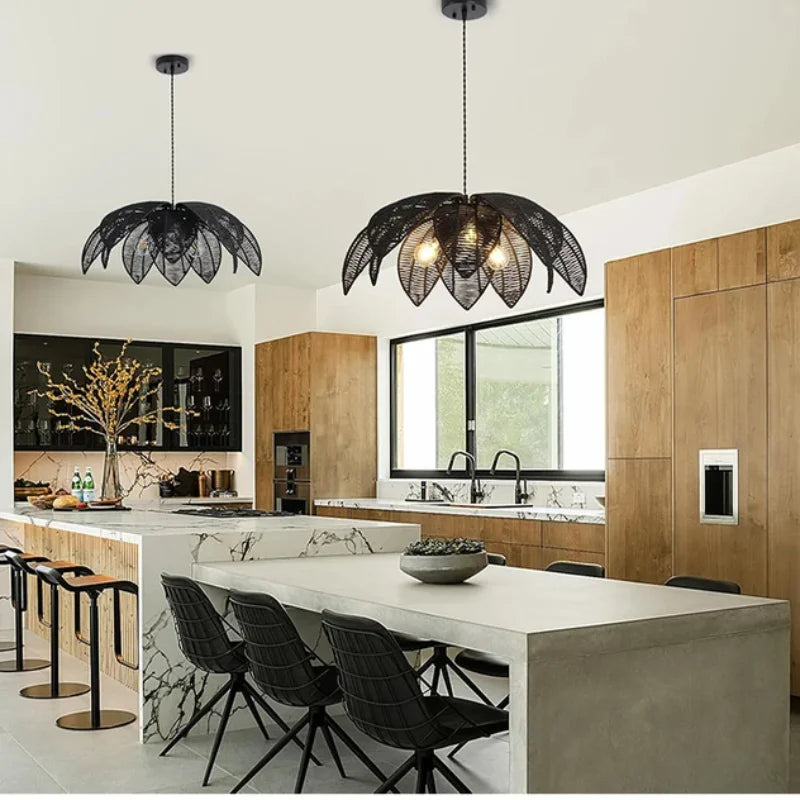 Bohemia Linen Pendant Light Retro Rattan Chandelier for Bedroom Living Dining Room Restaurant Rattan Hand-woven Pendant Lamp