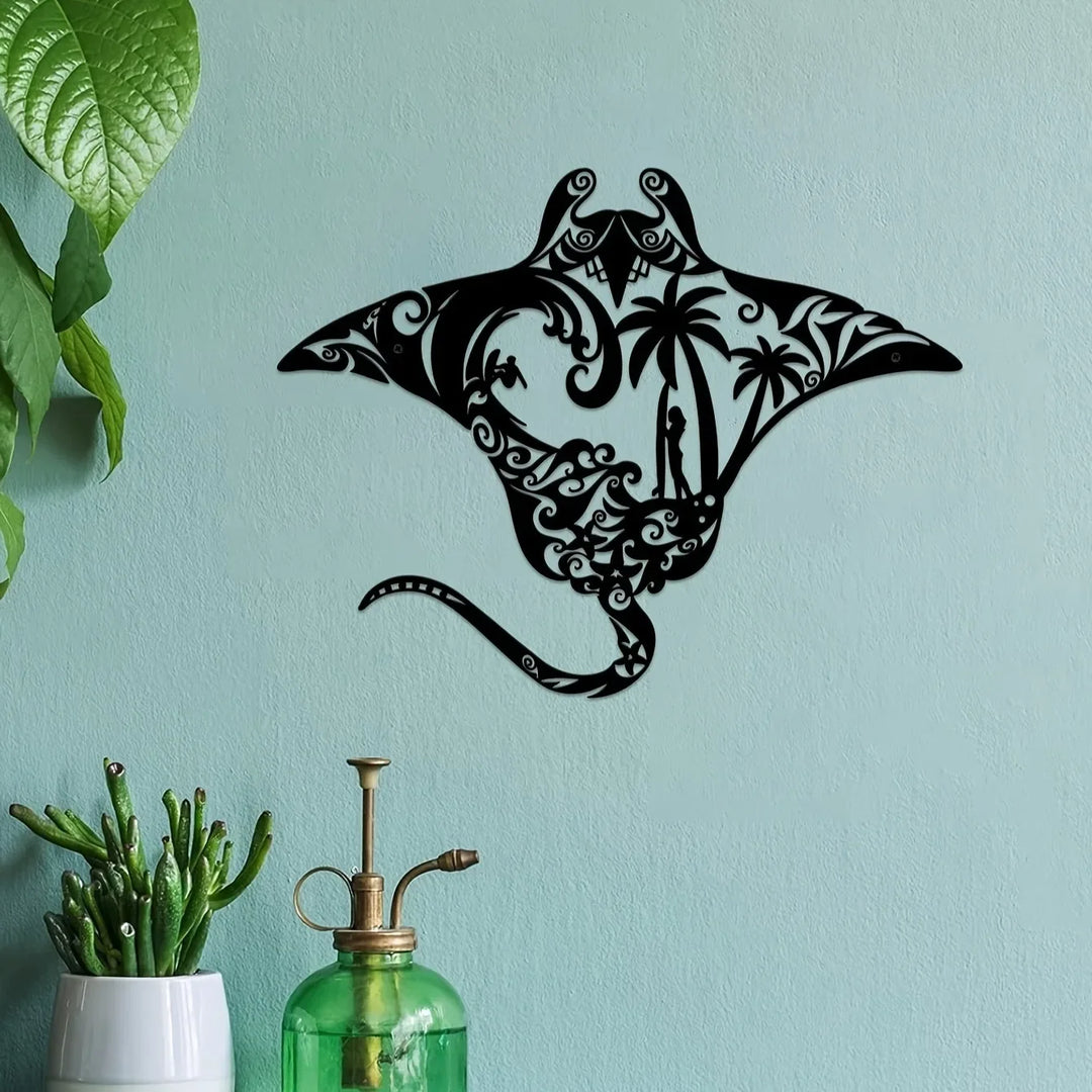 Coastal Charm Metal Manta Ray Wall Art - Beach-Themed Decor With Surfboard, Waves, Starfish & Palm Silhouette For Living Room