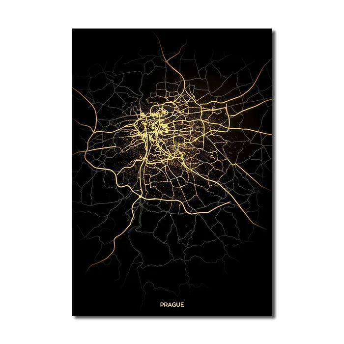 Classic Abstract Wall Art – Black and Gold World City Map HD Canvas Print Poster for Home, Living Room, and Bedroom Decor