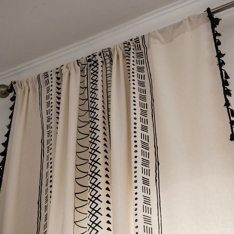 Boho Window Curtain Cotton Linen Geometric Print with Tassels Blackout Curtain for Bedroom Bay Kitchen Home Living RoomDecorate