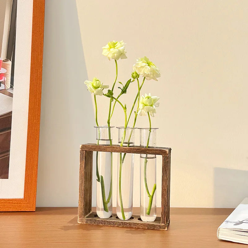 Plant Test Tube Hydroponic Vase Water-grown Flower Arrangement Plant Container Simple Wooden Frame Decors Creative Glass Vases