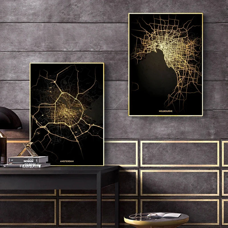 Classic Abstract Wall Art – Black and Gold World City Map HD Canvas Print Poster for Home, Living Room, and Bedroom Decor