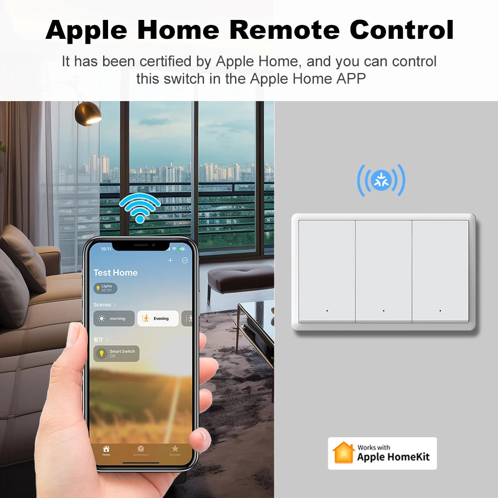 Manhot Matter WiFi Smart Wall Light Switch No Neutral& With Neutral US 1 2 3 4 Gang Physical Buttons Homekit Siri Voice Control