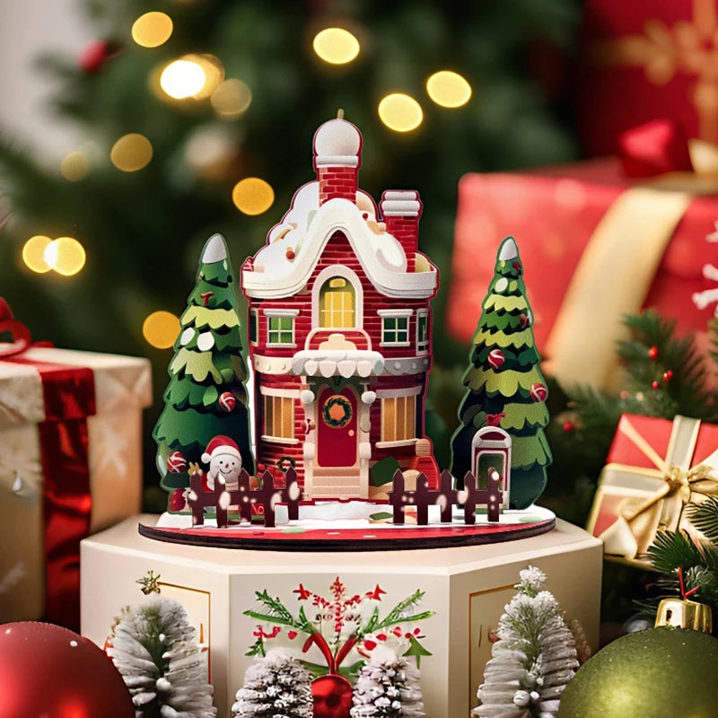 Decorative Christmas Cartoon House, Wooden DIY Assembly; Child's Painted Ornament, New Year Gift