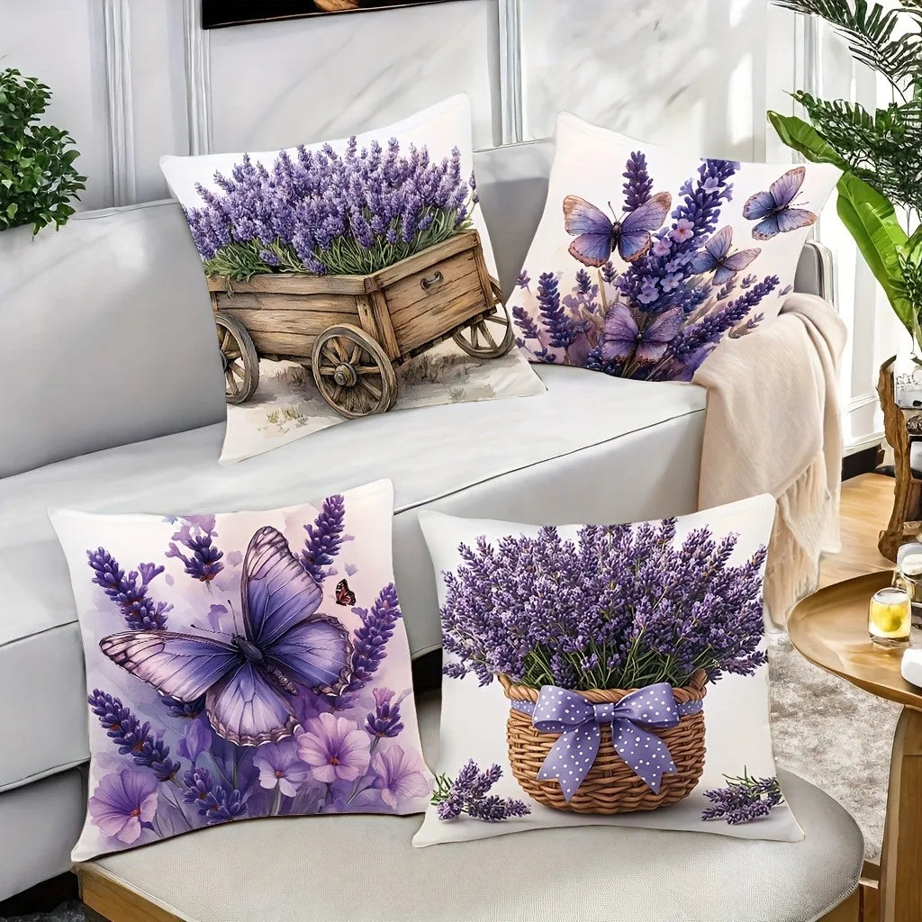 4pcs Pillowcases Natural Theme with Purple Lavender Pillowcase Suitable Home SofaThrow Pillow Cover 45x45cm Decor Accessories