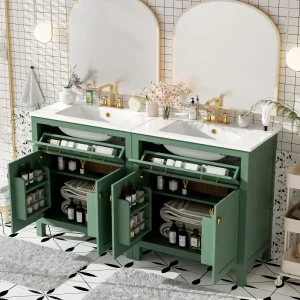 60" Modern Green Bathroom Vanity Set With Double Vanities (Separate), Double Ceramic Sinks, Adjustable Shelf, Soft Close Doors