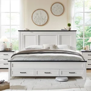 Farmhouse Queen Size Wood Platform Bedframe with Footboard and Storage Drawers and 52" Tall Full-Panel Headboard
