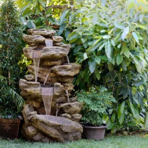 51inch 6-story outdoor rock waterfall fountain with LED lights and natural stone appearance