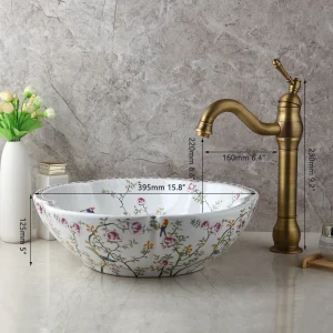 Above Counter Ceramic Round Petal Shaped Flower Bird Pattern Wash Basin Bowl Sink With Faucet