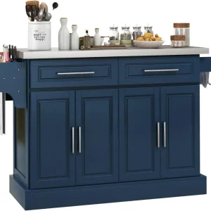 Portable Kitchen Island with Wheels Stainless Steel Top, Adjustable Shelves, 2 Drawers