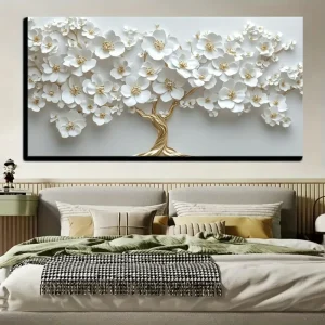 1 Nordic white flower oil painting on canvas in 1.5 inch thick pine solid wood frame