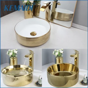 14.6'' Gold Round Ceramic Vessel, Above Counter Sink, with Faucet