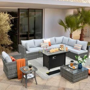 10 Pieces Rattan Wicker Swivel Rocker Outdoor Patio Furniture Sets with Fire Pit, Glider Chair. and Coffee Table