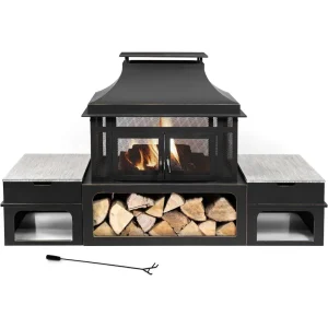 Rimasco 80-Inch Metal Wood Burner Smokeless Patio Fireplace with Side Storage Tables
