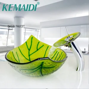 Green Leaf Shape Bathroom Wash Basin Sink, Faucet Combo Temper Glass Vessel Basin Sinks W/ Waterfall Mixer Drain Set