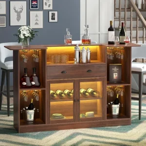 Bar Cabinet with Glass doors, LED light & Drawers/Mini Liquor Wine Bar with 8-Tier Storage & Stemware Holder
