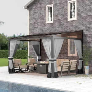 10FTx12FT Outdoor Wall-Mounted Hardtop Pergola, Metal Frame Gazebo with Sloping Sun Panel Roof and Double Curtains for Patio