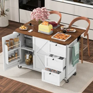 54.5" Farmhouse Kitchen Island with Power Outlet, Kitchen Storage with Internal Storage Rack, Drop Leaf, Spice Rack
