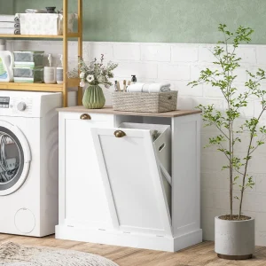 White Laundry Hamper Cabinet Tilt door and basket Bathroom Storage