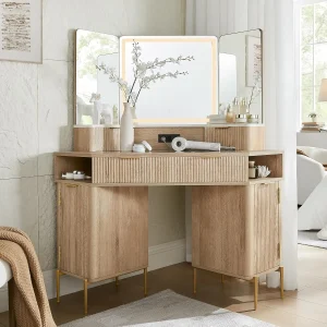 48'' Fluted Large Lighted Corner Makeup Vanity Desk with HD Triple Mirror with Glass Top ,Modern Dressing Table