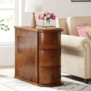3 Drawers Vintage Wood End Table, Narrow Sofa Side Table for Living Room or Slim Nightstand Bedside Table