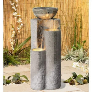 Bowl and Pillar Zen Modern Outdoor Floor Water Fountain, 34 1/2" High with LED Light Cascading for Garden Patio Backyard Deck