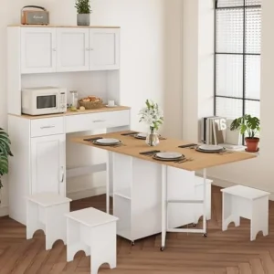 63” Folding Dining Table Set with 71” Tall Kitchen Pantry Storage Cabinet with Large Drawers and Adjustable Shelves