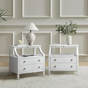 Mid-Century Modern Set of 2 Large 2 Drawer Farmhouse Nightstand with Charging Station, Bedside Table