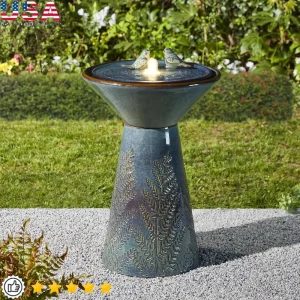 Outdoor Ceramic Water Fountain with LED Light Pump Two Birds Embossed Design, Garden Yard Decor Weather Resistant