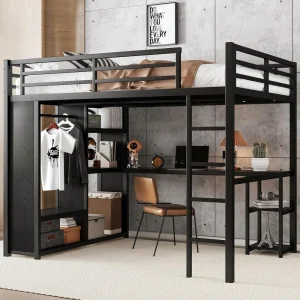 Queen Loft Bed with Desk and Storage Shelves, with Wardrobe, Hanging Rod, Guardrail and Ladder