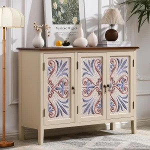 40" 3-Door Decorative Vintage Storage Farmhouse Accent Cabinet, Sideboard with 3D-Printed Floral Design, Adjustable Shelves