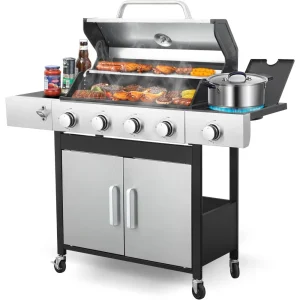 Outdoor 4-Burner BBQ Propane Stove with Side Table, 46,000 BTU Gas Grill, Porcelain-Enameled Cast Grill
